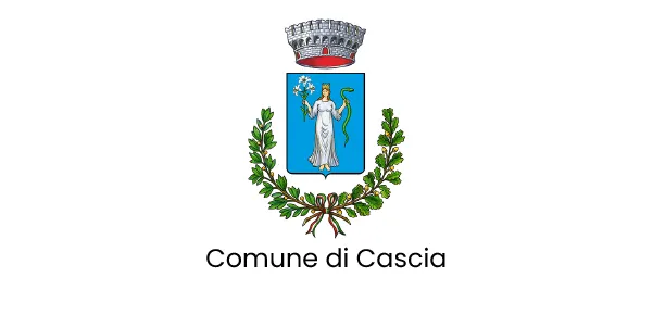 Stemma del Comune di Cascia con donna e simboli.