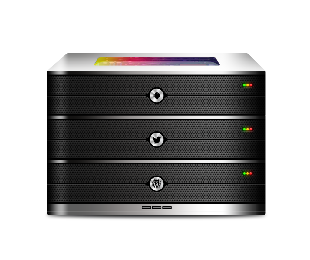 Server moderno con indicatori luminosi e icone social.